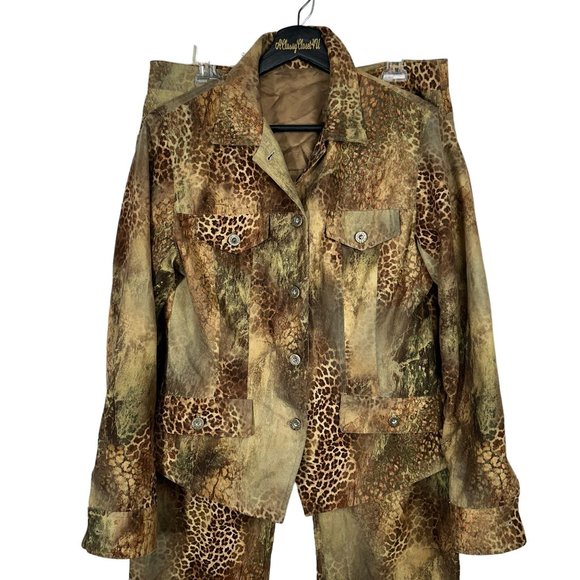 Andre Oliver Vintage Brown Animal Leopard Print Button Front Pantsuit 10 - Picture 6 of 11